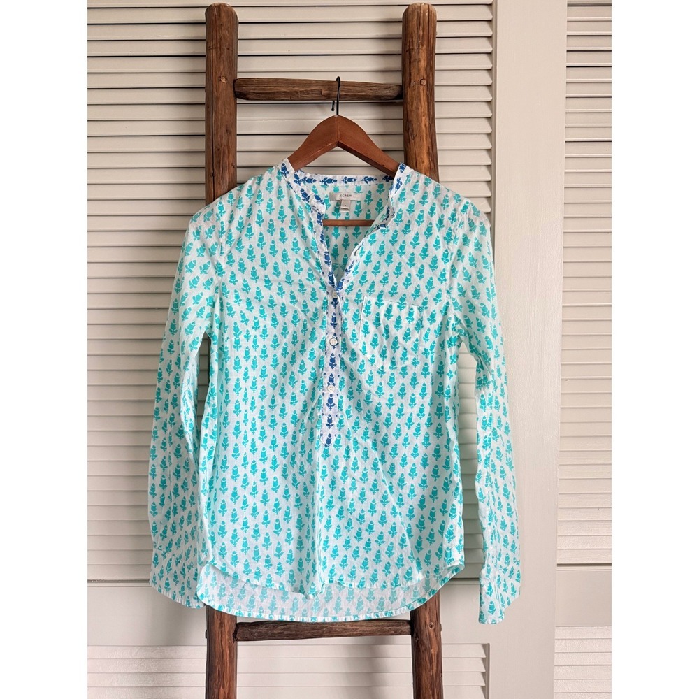J. Crew‎ Women's Turquoise White Leaf Print Band Collar Tunic Shirt Size 2